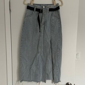 Oak + For Light Wash Denim Belted Midi Skirt with Front Slit